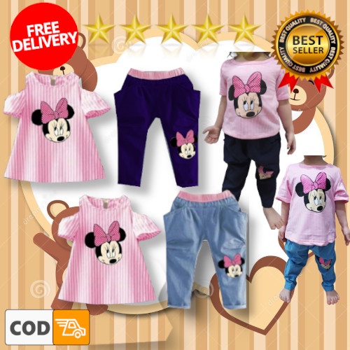 VISION ONLINE-1 SET PAKAIAN ANAK PEREMPUAN CEWEK 1 2 3 4 TAHUN MURAH KEKINIAN LUCU STRIPY MINNIE COD