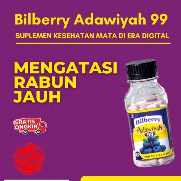 Kapsul Bilberry Adawiyah Original - Kapsul Bilberry Adawiyah Asli - Vitamin Mata Herbal - Suplemen Mata Alami - Obat Mata Katarak - Obat Mata Plus - Obat Mata Minus - Obat Mata Berlemak - Nutrisi Mata Herbal - Bilberry Adawiyah 99 Asli Original