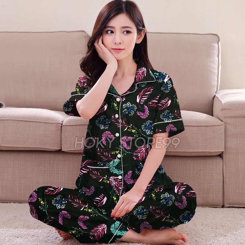 Hokystore99 - Piyama Wanita Dewasa Lengan Pendek Celana Panjang / Baju Tidur Wanita Dewasa (Part.1)-Daun Flanel Hitam