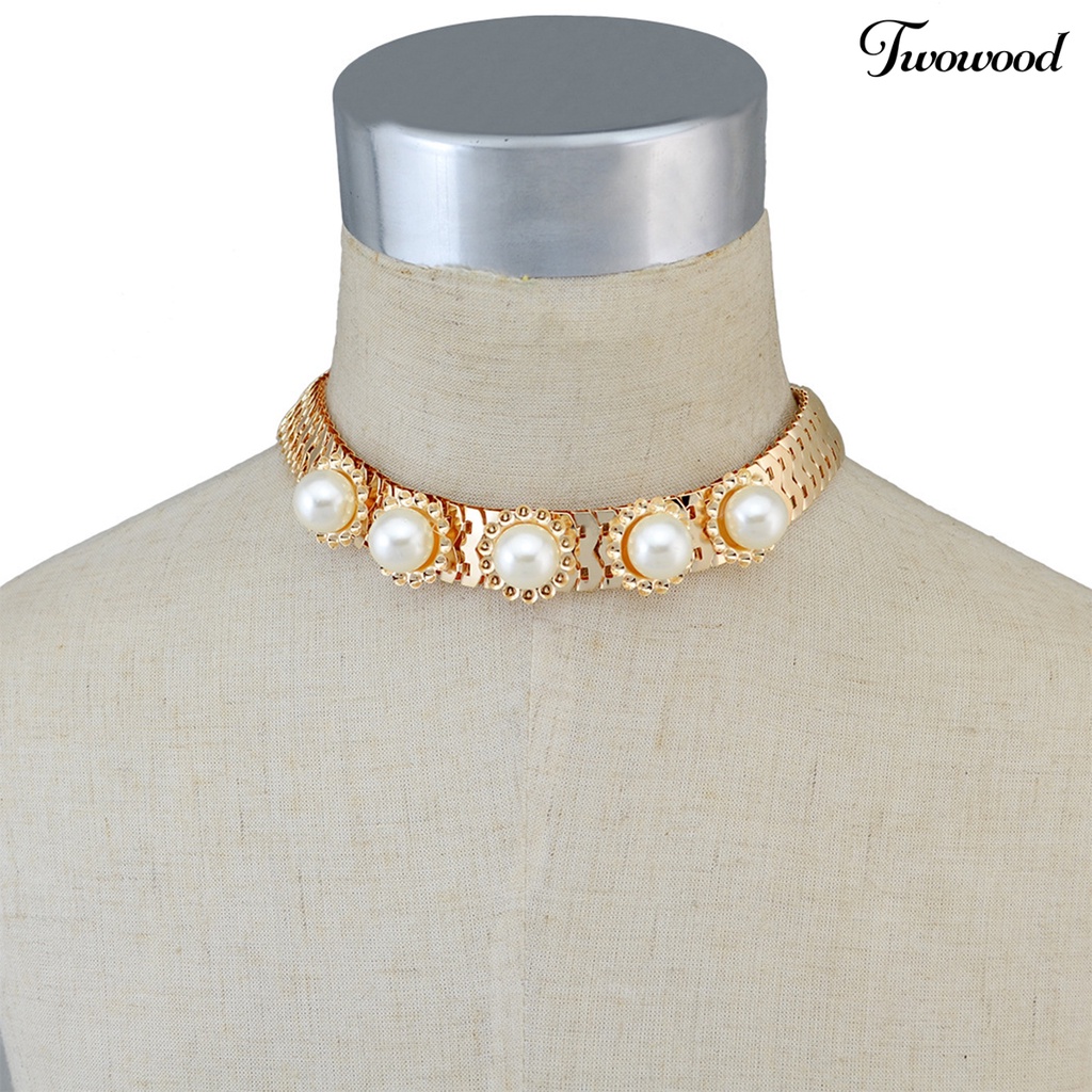 Twowood Faux Pearl Decor Rhinestone Women Necklace Alloy Adjustable Snake Chain Collar Necklace Jewelry Accessory