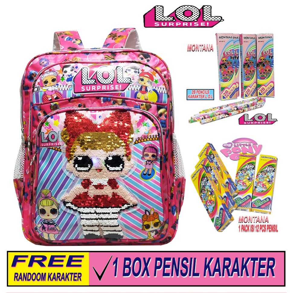 Tas Ransel SEQUIN Anak Perempuan TK/SD - Tas Sekolah Gendong Usap Karakter LOL