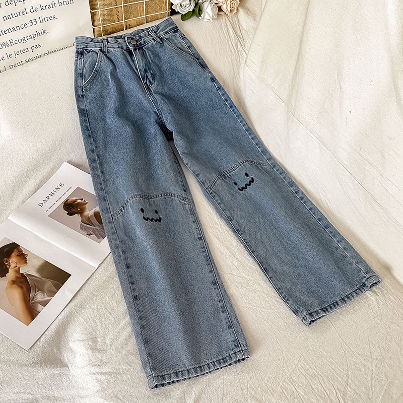 Bordir Smile Kekinian/Biru Boyfriend Highwaist Loose Celana Jeans Panjang Wanita (realpict)