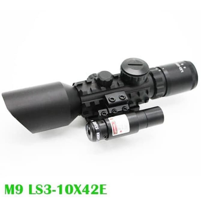 Terbaru Teropong Tele Rifle Scope M9 3-10X42 E Red Laser