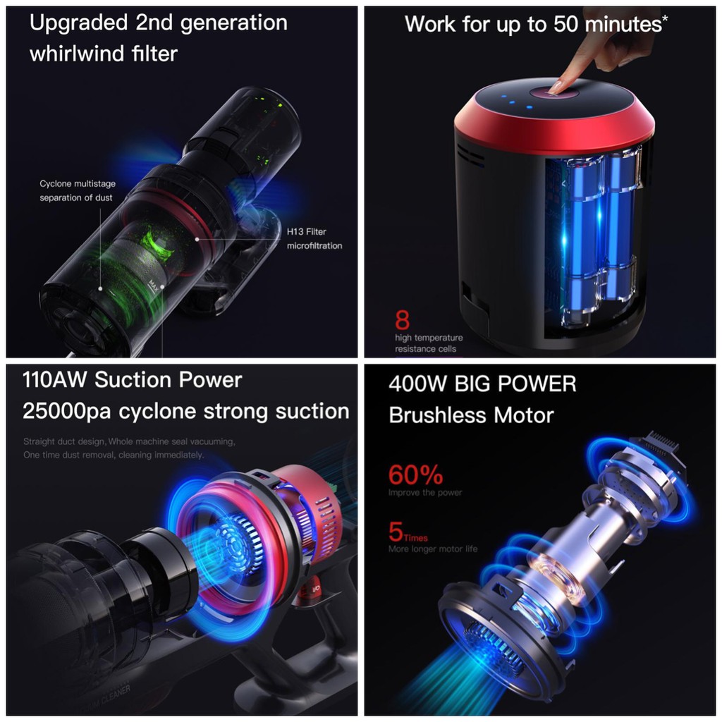 KURUMI KV-06 Cordless Stick Vacuum Cleaner with Bed &amp; Mop Brush