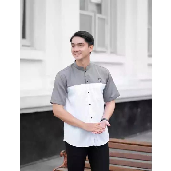 Baju Koko Kurta Dewasa Lengan Pendek Material Catton  Adem Serap Keringat-ABU PUTIH