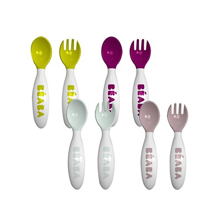 BEABA 2nd Age Ergonomic Cutlery + Case - Plum / Pastel Pink / Blue / Green