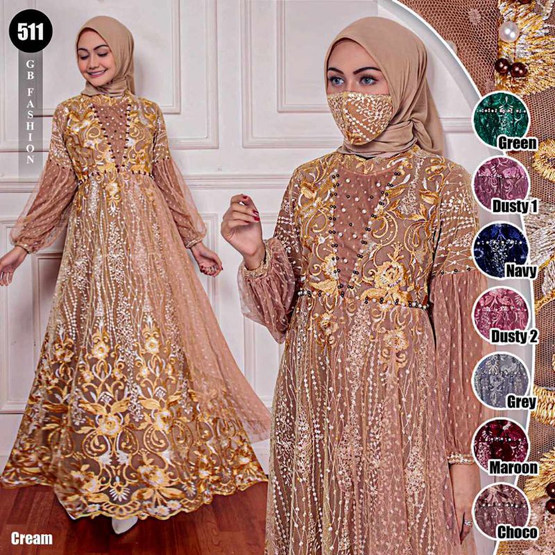 AZZURA Maxi Dress/ Gamis Pesta /Gamis Brokat Tule Dot Mewah