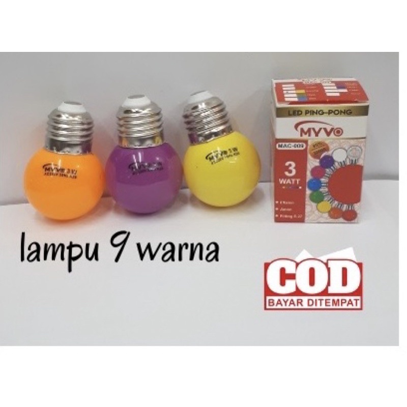 Lampu Hias Myvo 3w / Bohlam Led Warna Bulb / Led Pingpong Biru Hijau Kuning Merah Kuning Putih