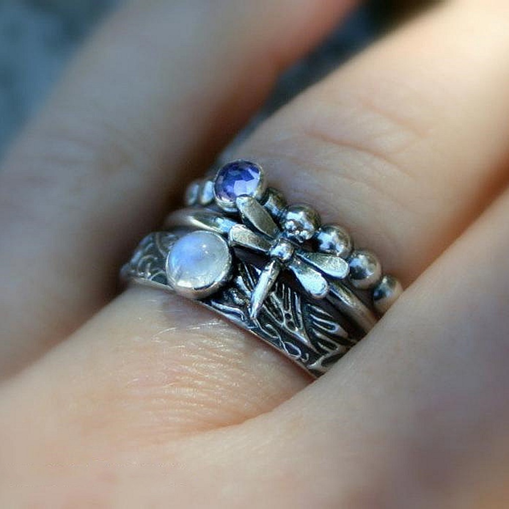 Hu Hu Hu Hu Hu Alat Bantu Pasang Kacamata♡ 3pcs / Set Cincin Silver Wanita Bentuk Capung Hias Batu Permata Imitasi Oval Mini Stackable Untuk Hadiah