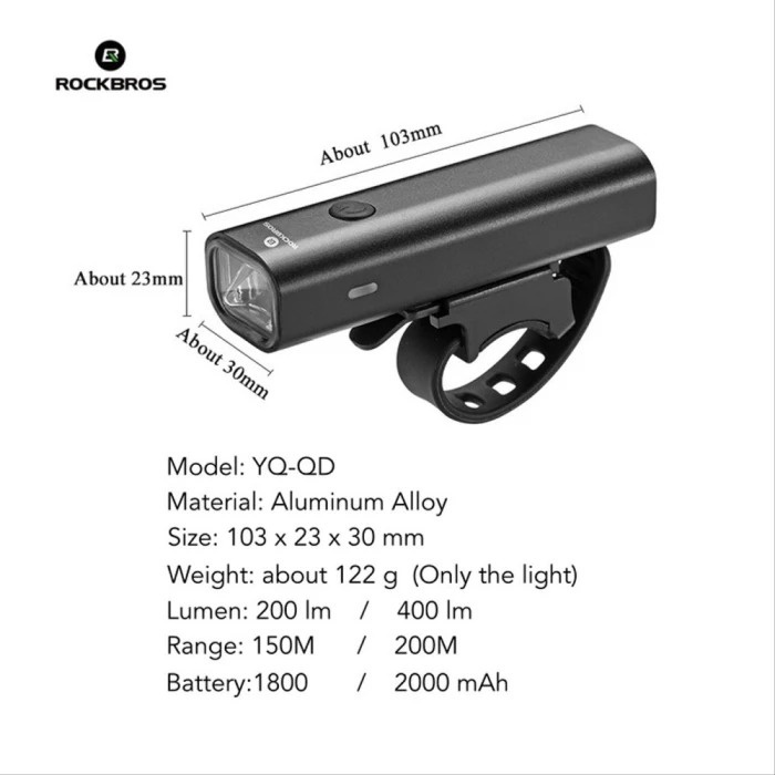 ROCKBROS YQ-QD200LM Bicycle Head Light Rechargeable Lampu Depan Sepeda