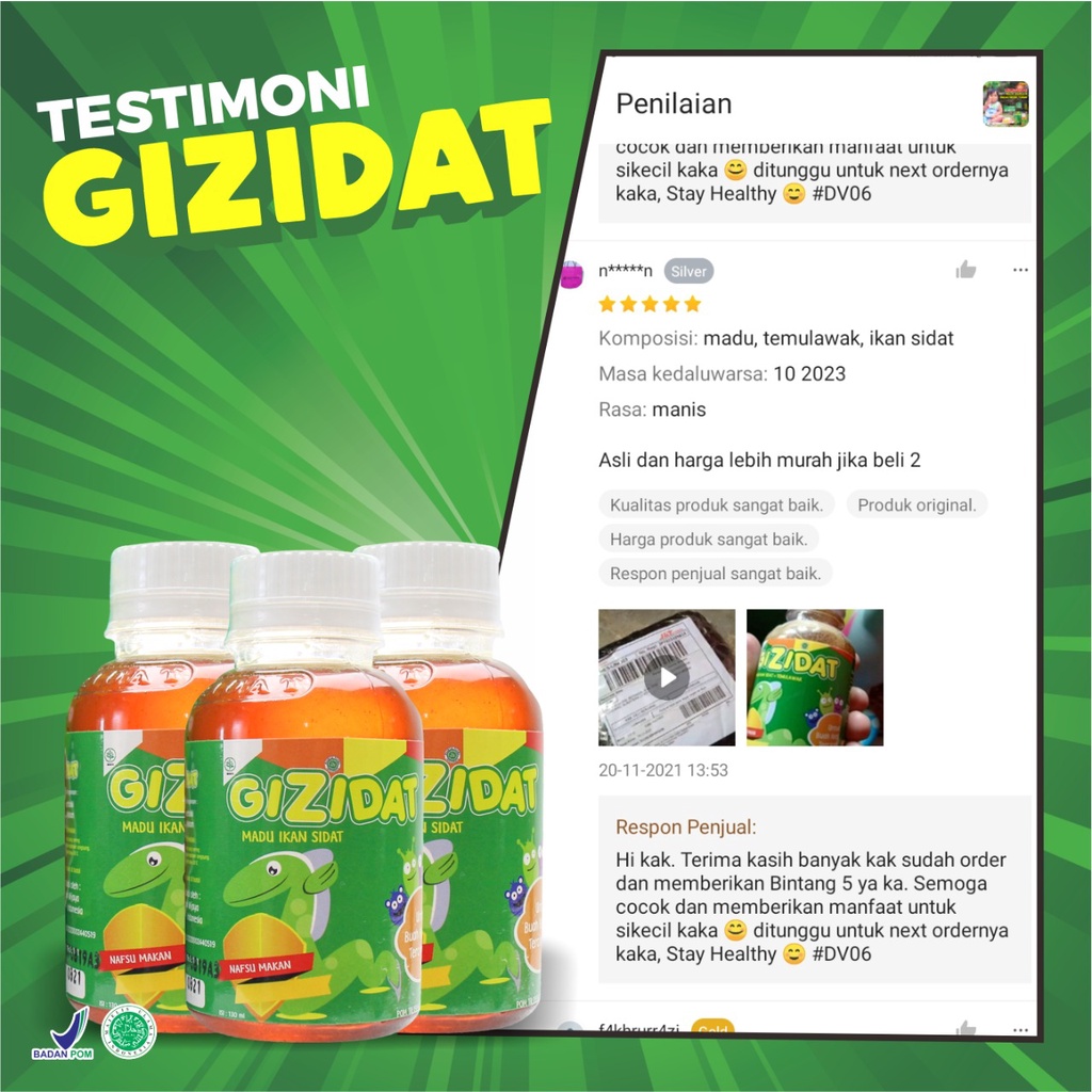 Paket 2 Botol Madu Gizidat Original Multivitamin Penambah Nafsu Makan &amp; Berat Badan Anak Bayi – Suplemen Madu Ikan Sidat Rasa Manis Tanpa Efek Samping Tingkatkan Daya Tahan Tubuh Cerdaskan Otak Anak Tumbuh Kembang Masksimal Isi 130ml