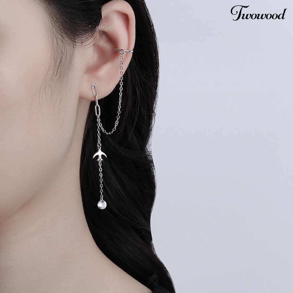 Twowood 1Pc Women Earring Small Bird Long Tassel Jewelry Rhinestone Shiny All Match Dangle Earring Ear Cuff for Dating