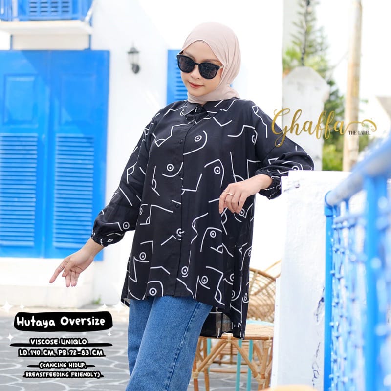 Gaffa Hutaya Oversize Blouse Motif Wanita Kekinian Vintage Viscose Uniqlo Pastel Solo Lengan Panjang