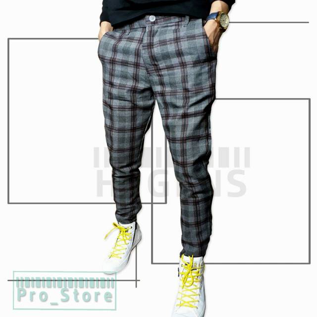 Celana chino panjang pria motif kotak
