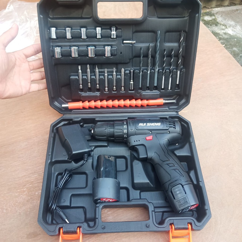 [HITAM] RUISHENG / JLD 12V-SET Bor Obeng Bor Baterai 12 Volt Cordless Drill