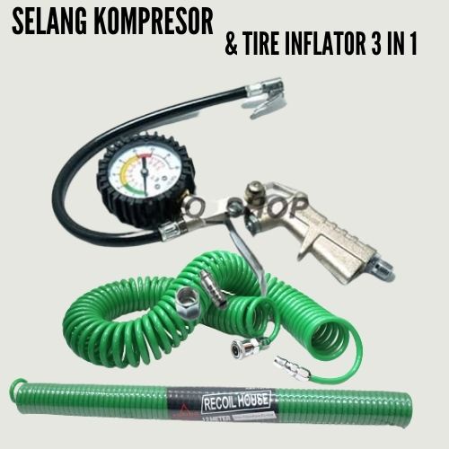 PAKET!!!! ALAT ISI ANGIN BAN MOTOR DAN MOBIL + Selang kompresor selang Pu 4,5M - 12M + Tire Inflator Air Pressure Gun Isi Ukur Tekanan Angin 3 in 1 Tire Gauge Kit Alat Pengisi Ukur Tekanan Buang Angin Ban