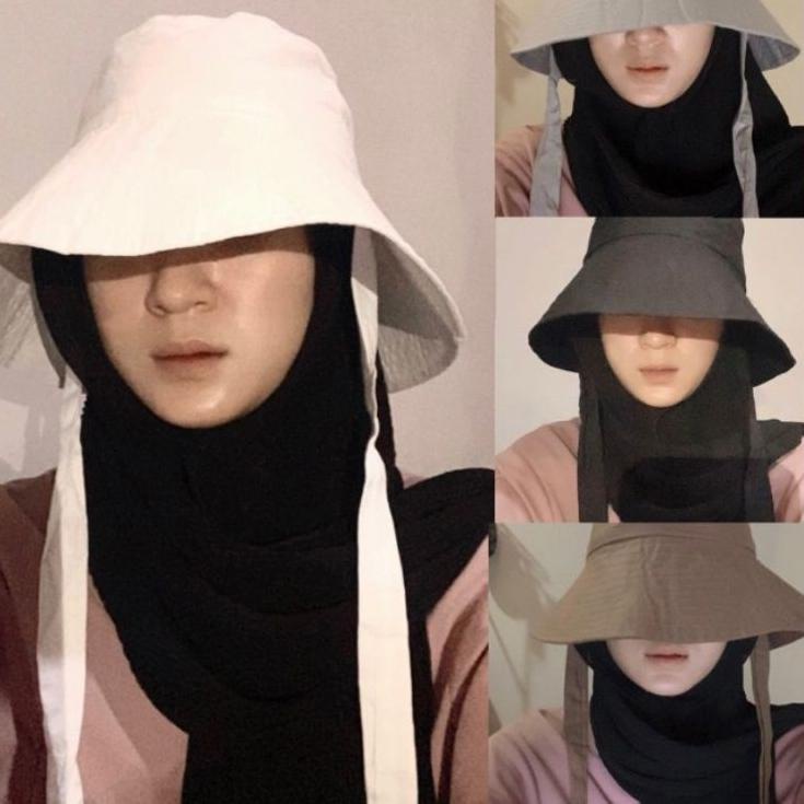 TOPI BUCKET HIJAB PANTAI LEBAR TALI DEWASA ,.