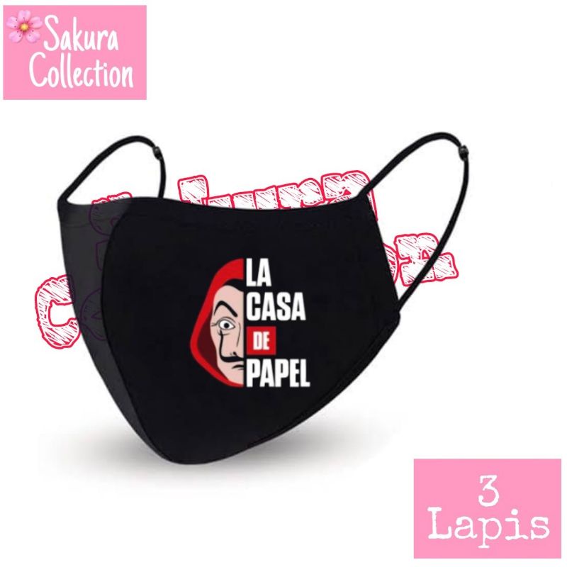 Masker kain 3 lapis - MONEY HEIST - LA CASA DE PAPEL - LA CASA DE QUARANTINE / EARLOOP HITAM 3PLY