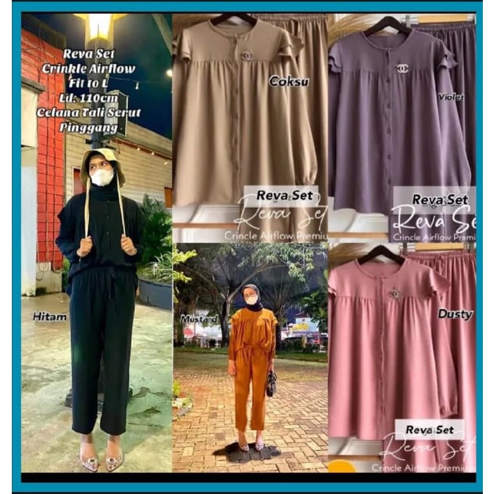 Crinkle Airflow LD 110 Reva set / Setelan polos crinkle / One set reva / Setcel reva polos crinkle kekinian / setelan best seller / setelan kekinian / One set crinkle premium