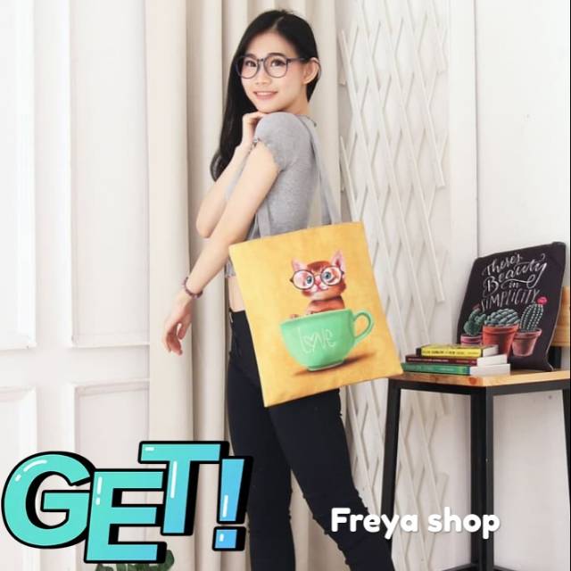 Tote bag keren Women Tote Canvas Bag Civeto Kitty Cat Tas Wanita - love cat