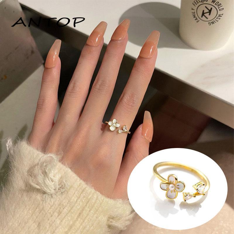 Sayishop Cincin Model Terbuka Desain Bunga Hias Mutiara  zircon adjustable Untuk Wanita