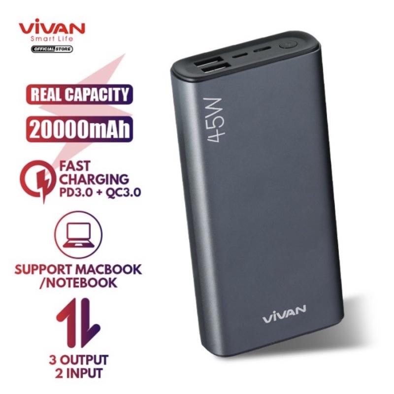 POWERBANK VIVAN 20000mAh 45W 3 OUTPUTS 2 INPUTS FAST CHARGING SEMUA TIPE GADGET