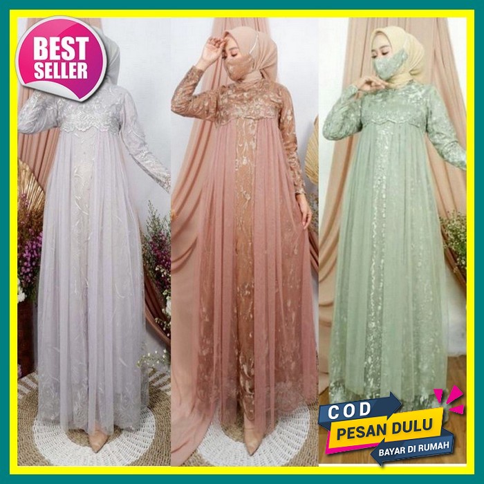 Lions.Store - Baju Pesta Wanita Muslim Kondangan Brukat Mewah Elegan Gaun Muslimah Terbaru 2021 2022