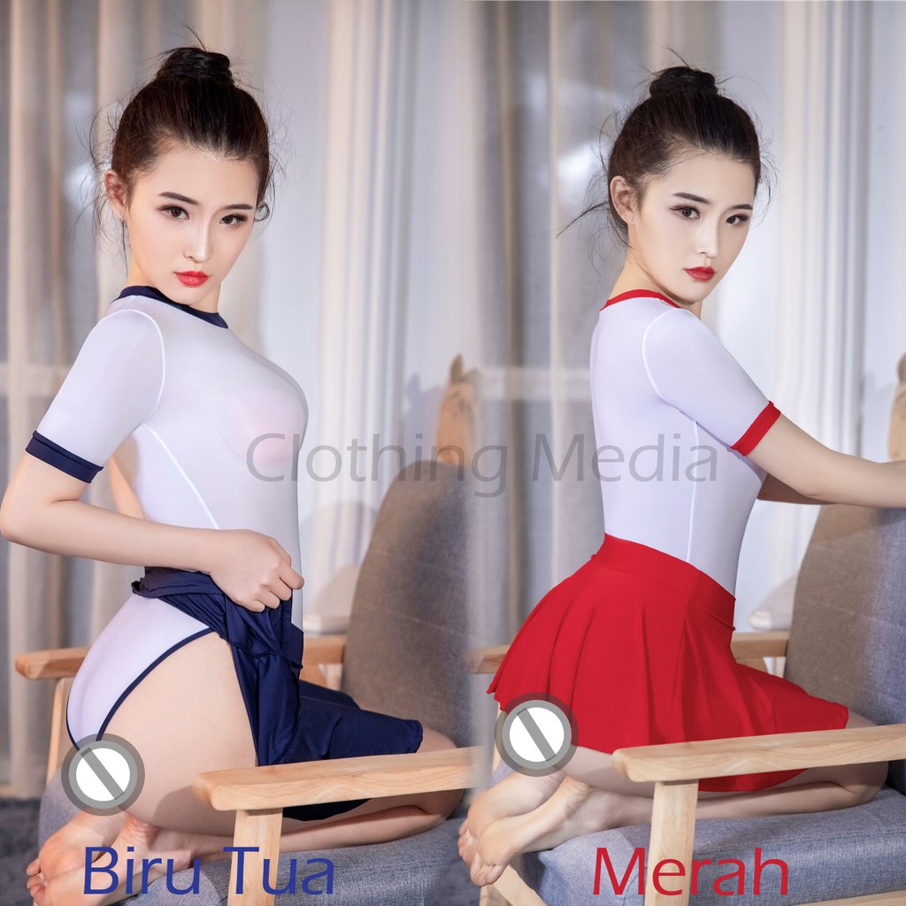 Baju Leotard Rok Set Silky Cosplay Sporty Jepang Elastis Semi Transparan