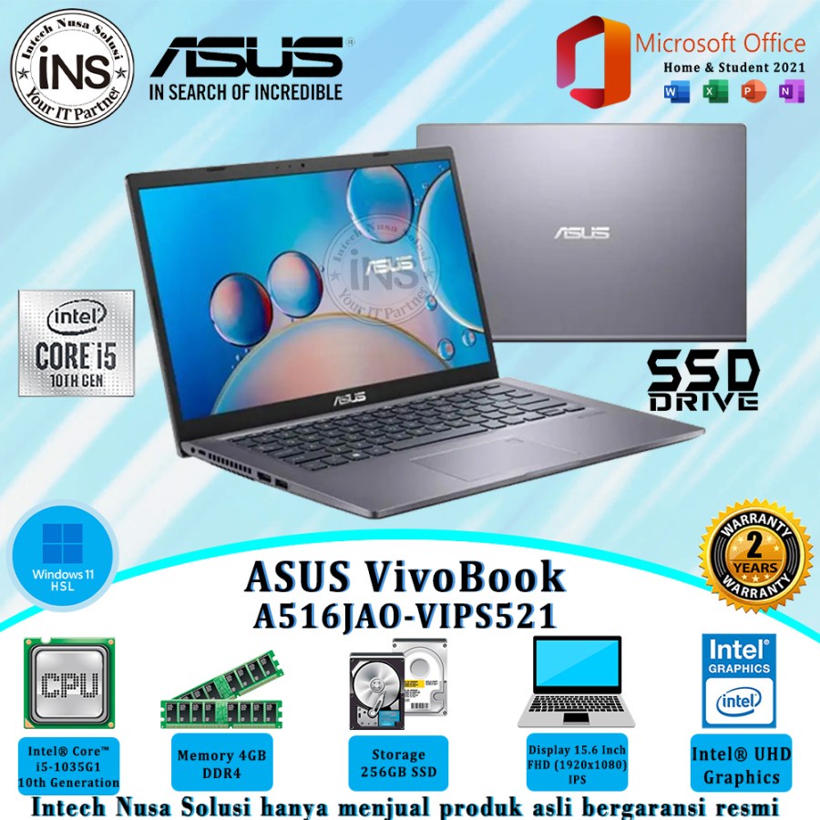 ASUS VivoBook A516JAO-VIPS521 i5-1035G1 4GB 256GB SSD WIN11HSL OHS 21 2YR