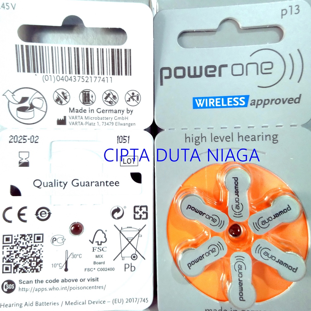 Baterai Powerone  p13 Power One P 13 high level hearing battery made in germany replacement PR48 AG5 LR754 LR750 zinc air batteries size 13 batere alat bantu dengar power one p13 baterai Alat Pendengaran batre powerone baterai 13 batre alat pendengar