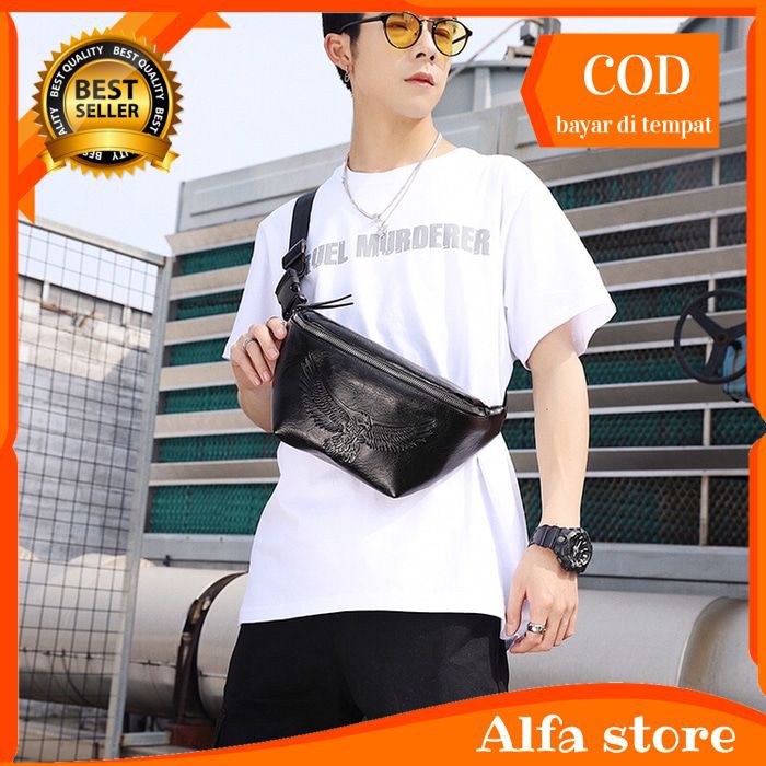 waistbag tas selempang sling bag pria kulit hitam tas bahu / dada jalan fashion cowok  sb62