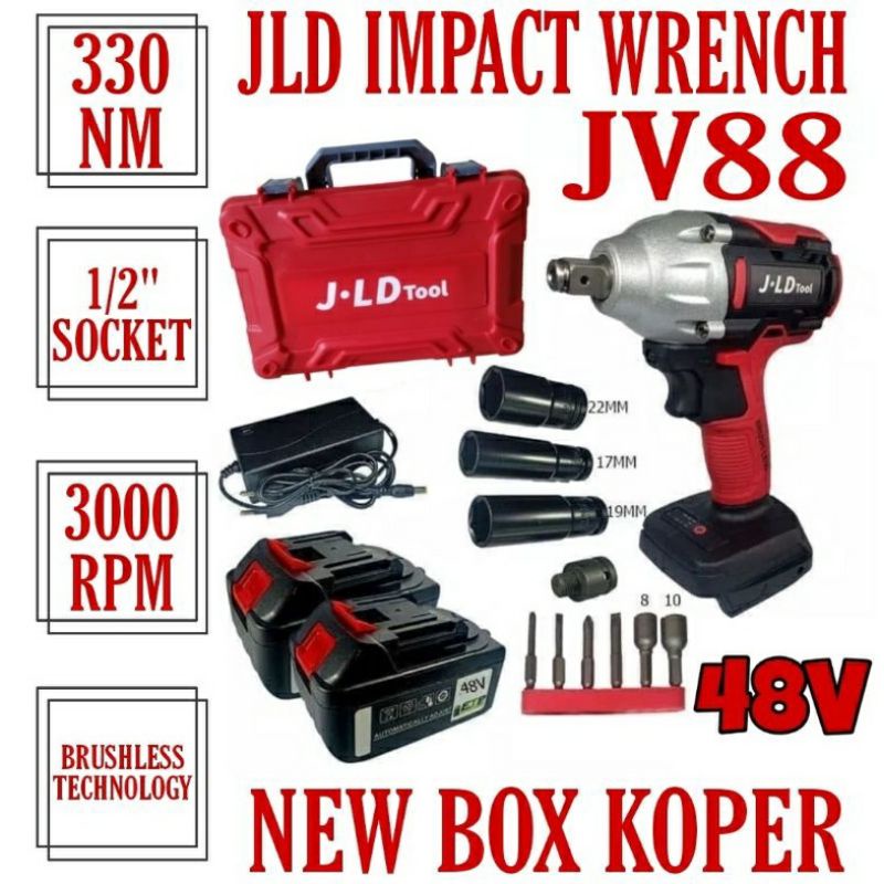 JLD Bor pembuka baut 2batrei 48v Impact wrench cordless JV88