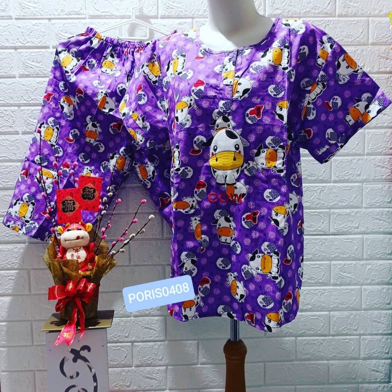 Baju Tidur Piyama &quot;HOKI&quot; katun wanita Celana 3/4 (happy cow)