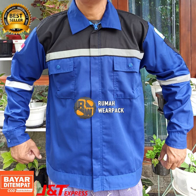 Baju Kerja/ Wearpack Proyek/ Seragam Kerja Atasan Biru Benhur Hitam