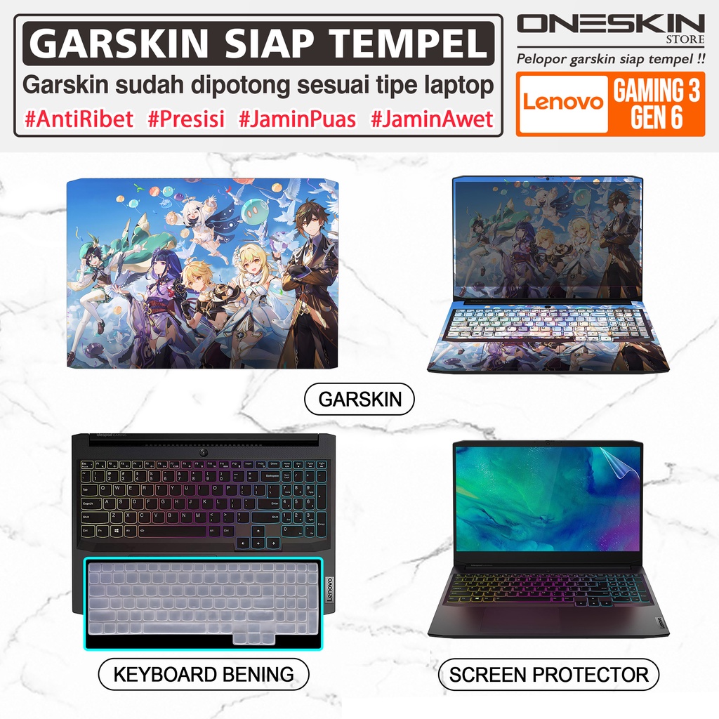 Garskin Sticker Laptop Pelindung Screen Keyboard Protector Lenovo IdeaPad Gaming 3 3i-15 15ACH6 15IHU6 Gambar Full Body Silikon Bening Glossy Doff