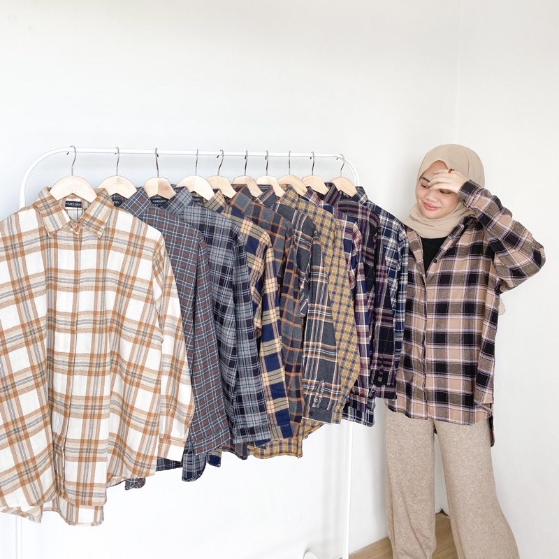 Bymeldev Kemeja Oversized 100% Bahan Flanel Motif Kotak Kotak