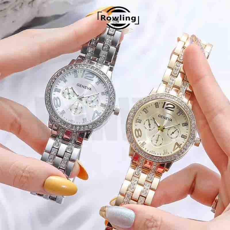 Rowling (Jam-26) Jam Tangan Wanita Bulat Geneva Besar Stainless Jam Tangan Wanita Quartz Double Diamond dengan Strap Stainless Steel Import