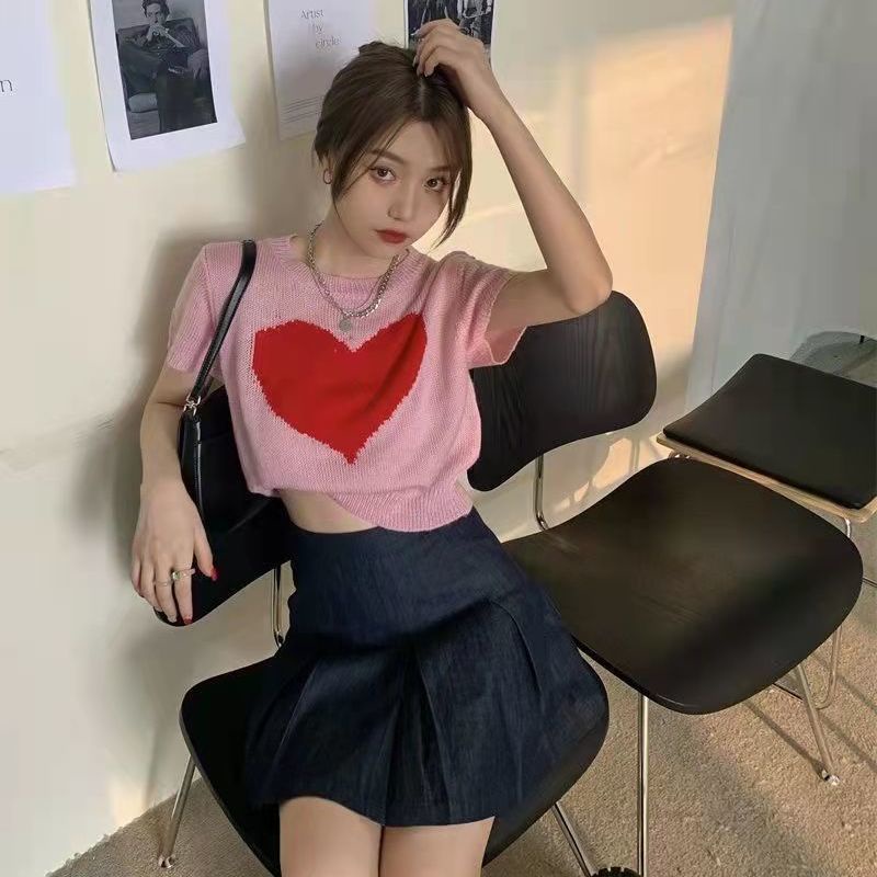 pro love sweater rajut wanita versi korea musim panas baru hot girl tops ins slim fit dan kaos lenga