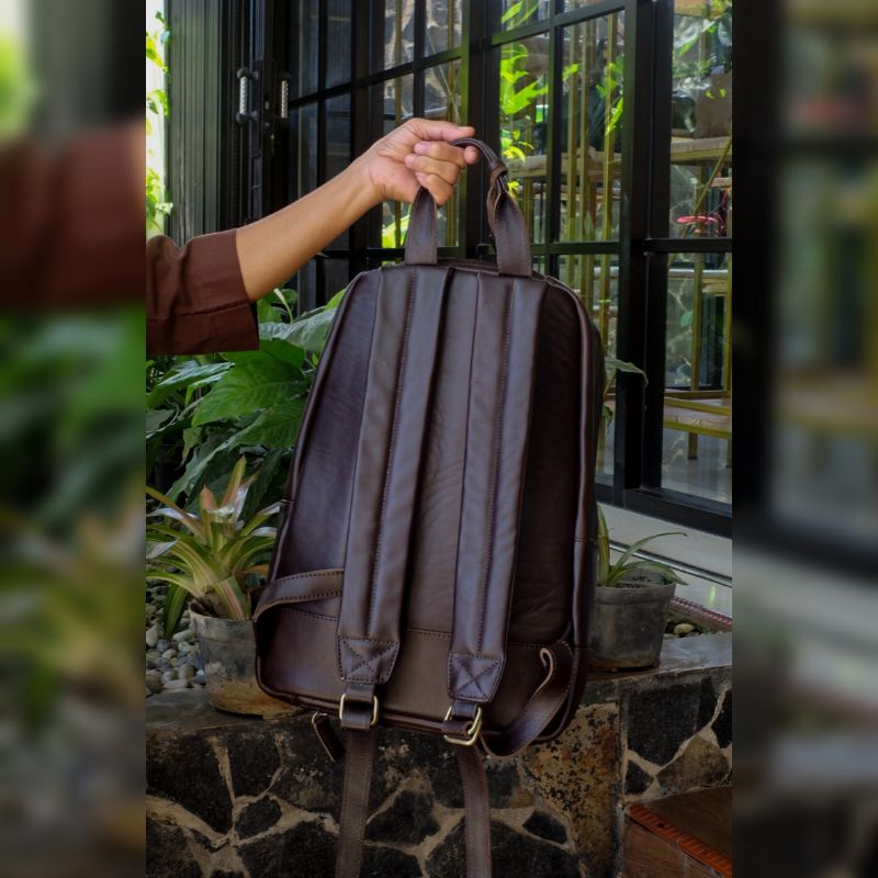 Ransel Pria Tas Punggung Kulit Sapi Asli Backpack Marlin Laptop 14 Inchi Bahan Pull Up Leather Terbaru Tali Adjustable Kekinian Original