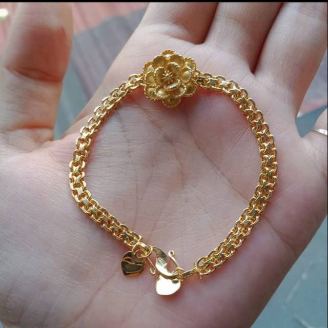 Gelang tangan perak asli bunga mawar celup emas sepuh emas