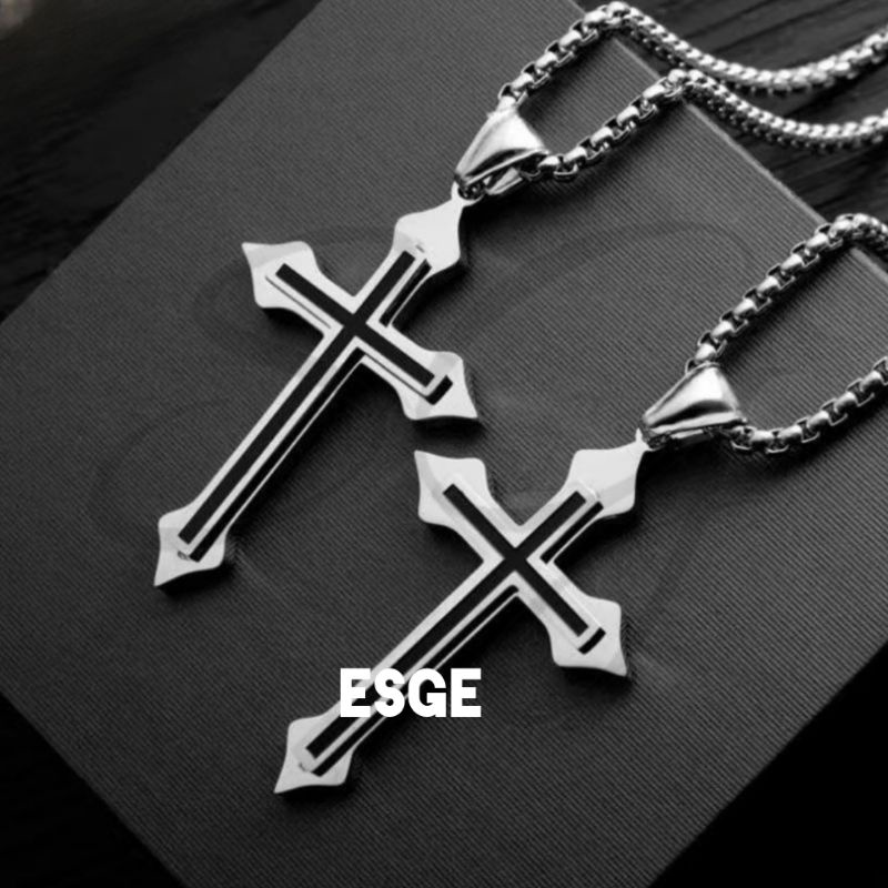 ESGE KALUNG PRIA SALIB SILVER PUTIH TITANIUM PRIA TRENDY RANTAI KOREA JAPAN STREET STYLE