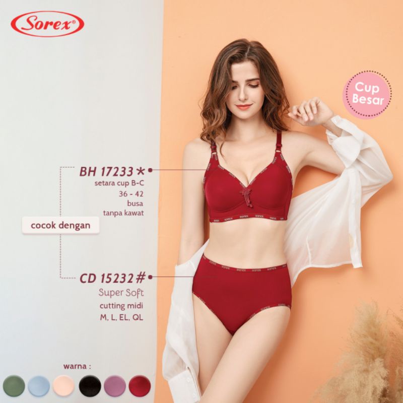 Sorex casual style bra 17233 (36-42) tanpakawat, Busa tipis cup besar