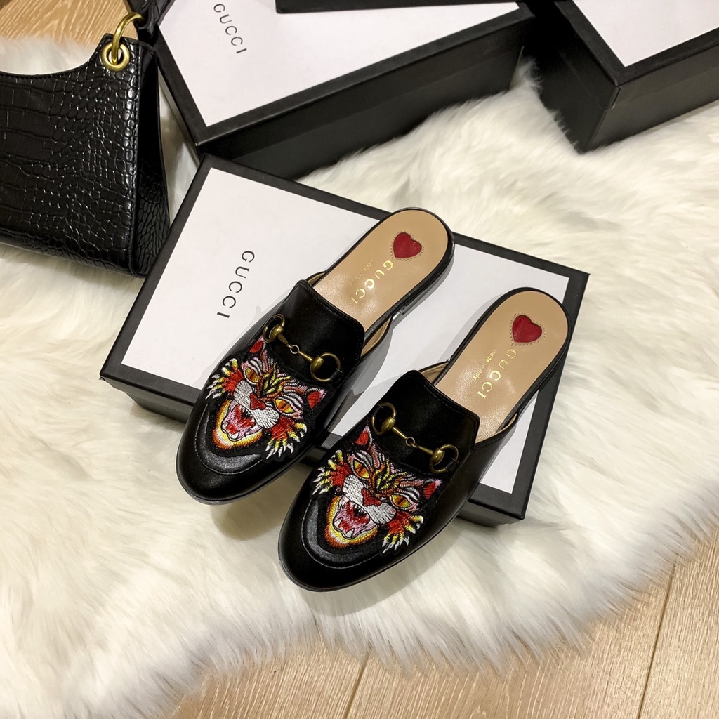 Original 2022 New (with box) Gucci classic half slippers ladies flat round toe trend French pattern