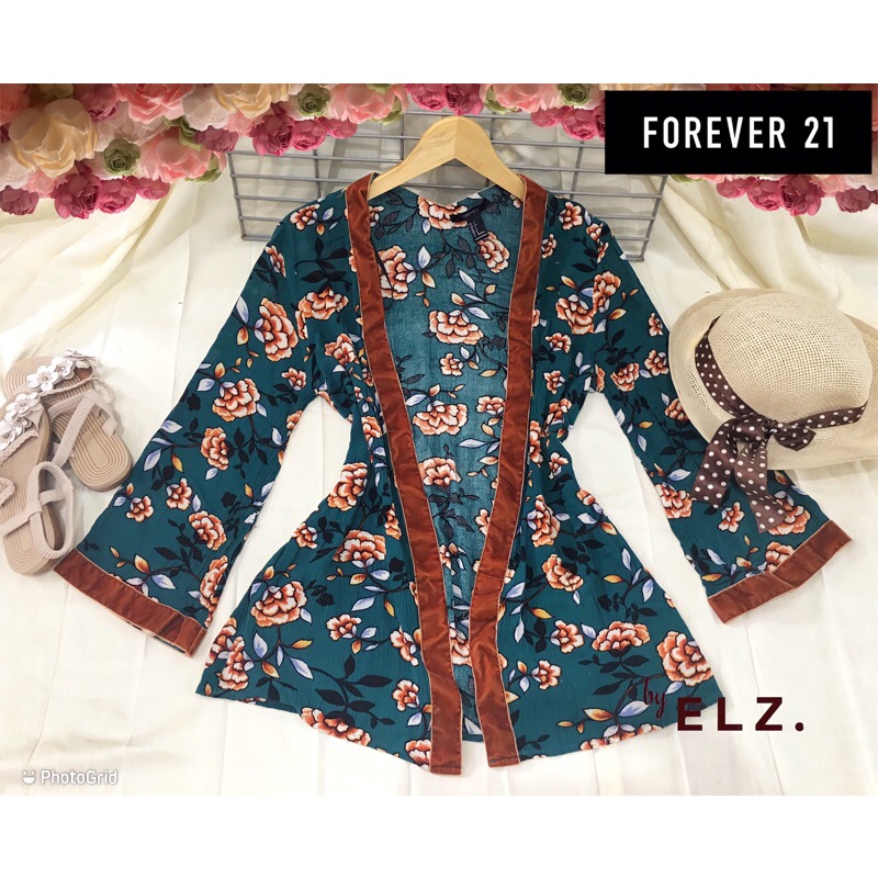 F0REVER21* outer bunga floral vintage korea / kimono korwan style hijau emerald bohemian