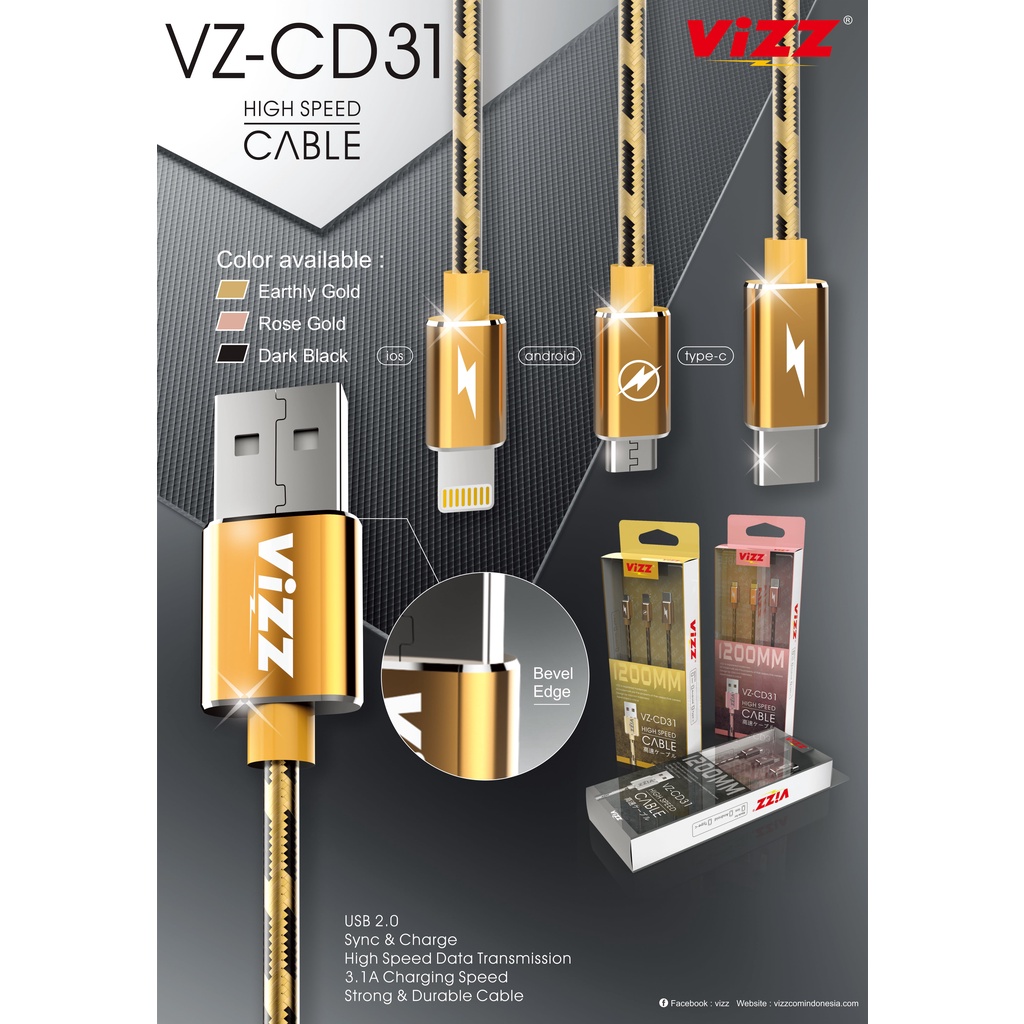 Kabel Data 3in1 Vizz Cable VZ-CD31 Micro USB Lightning Type C Fast Charging