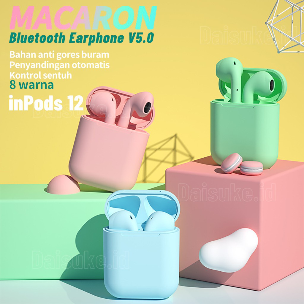 Headset Bluetooth Wireless i12 Macaron Superbass Earphone Handsfree Inpods i12 TWS