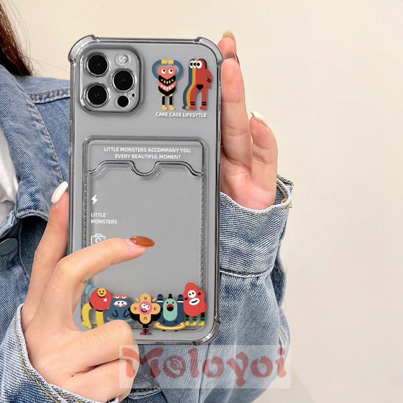 Soft Case Tpu Transparan Shockproof Kartun Monster Kecil Holder Kartu Kredit Untuk Iphone 6 6s 7 8 Plus 11 12 13 Pro Max Xr X Se 2020 Xs Max