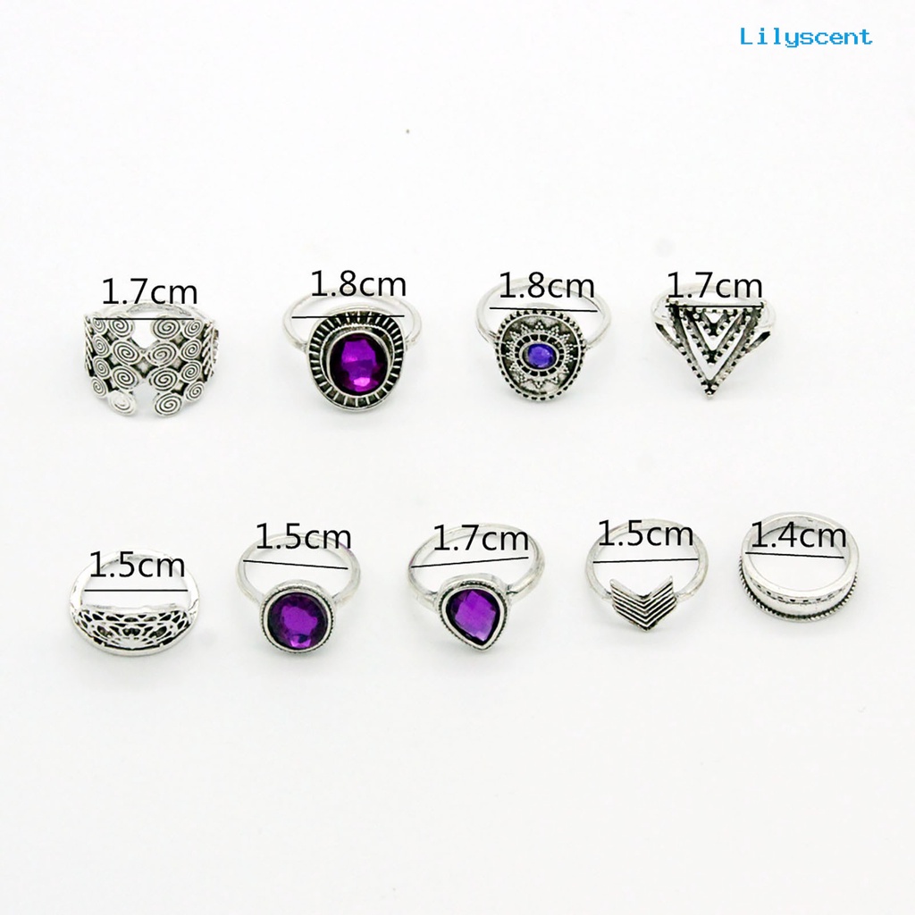 9 Pcs / set Cincin Buku Jari Aneka Bentuk Warna Ungu Bahan Alloy Gaya Bohemia