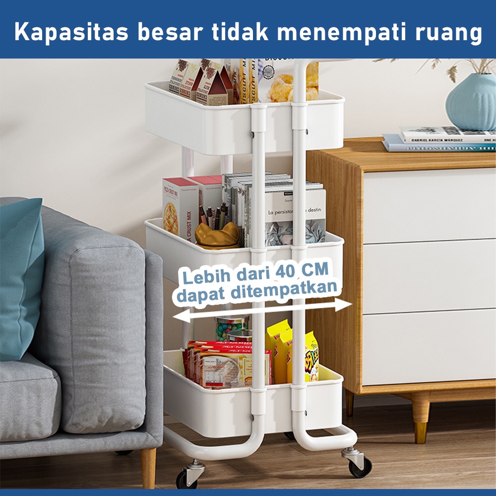 Rak Troli Serbaguna Susun Roda, Keranjang Roda Susun, Rak Baja Dorong 3 Tingkat, Troli Barang Dapur