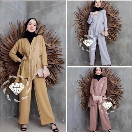 SET BLOUSE + CELANA SETELAN MUSLIMAH SETELAN HIJABERS MOSCREPE KOMBI BRUKAT TILE 3 WARNA